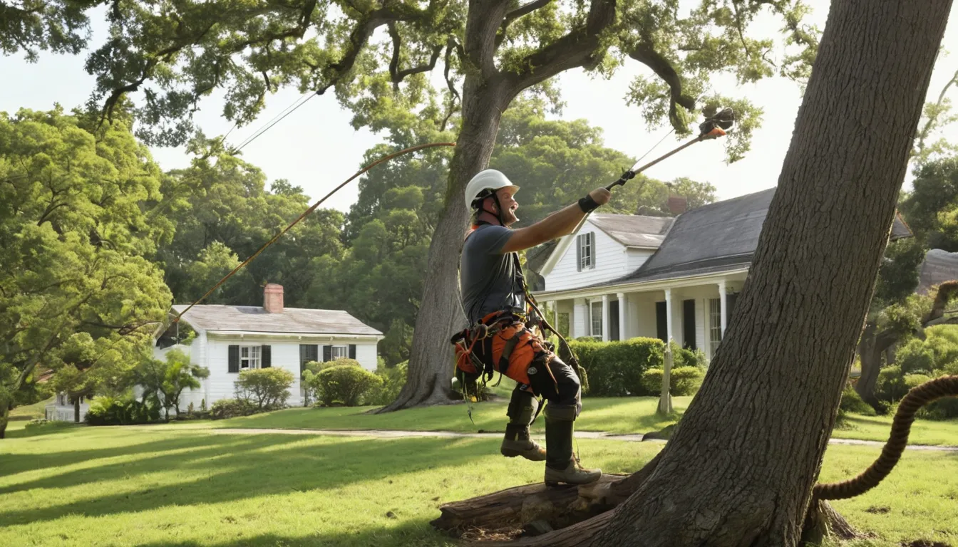 A tree removal provider cutting a large tree safely beside a suburban home near Middleburg