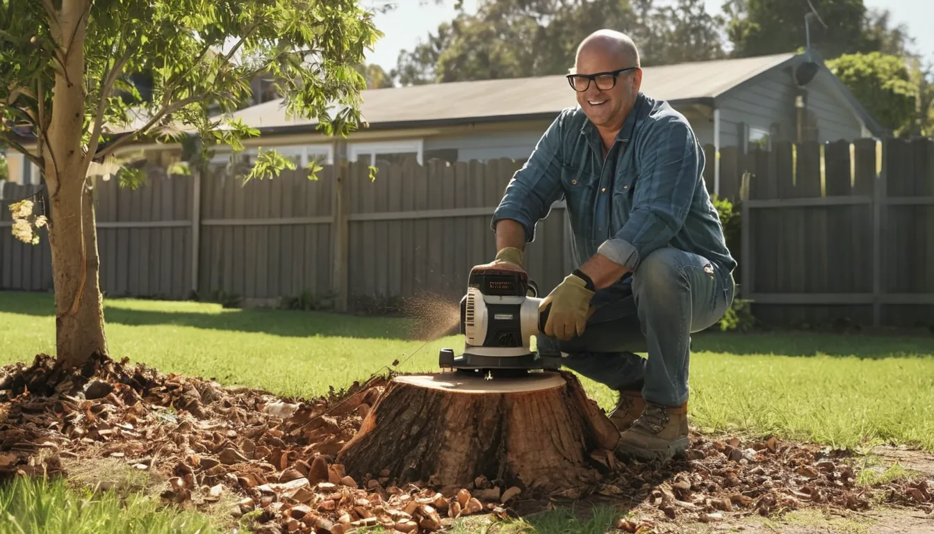 Provider operating a stump grinder in a residential backyard near Middleburg